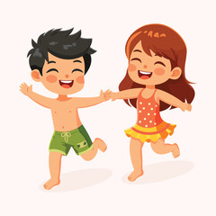 Happy children of different nationalities running holding hands in bathing suits on white background. Poster, Banner, Flyer, Summer time. Vector illustration in flat cartoon style