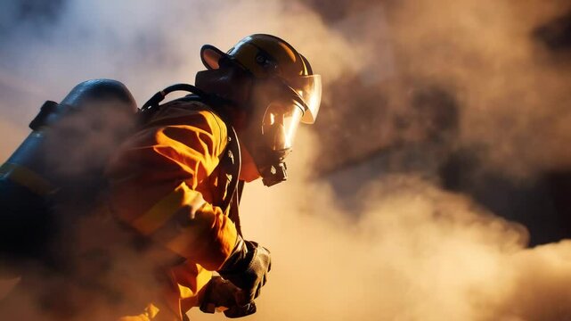 Firefighter in helmet and breathing apparatus pushes forward through dense orange smoke and glowing embers during emergency response