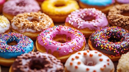 Assortment of colorful frosted doughnuts with sprinkles on a wooden surface