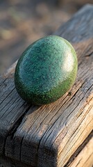 Obraz premium Green speckled oval object on weathered wood