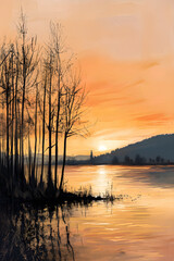 Obraz premium Serene Riverside Sunset Sketch with Reflective Water and Silhouetted Trees