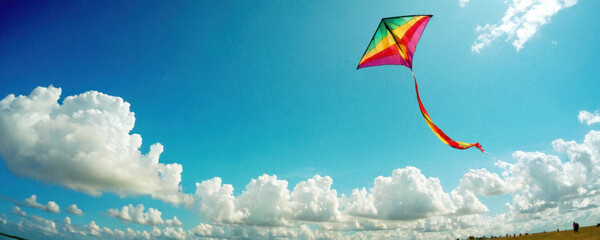 A person enjoying the outdoors by flying a kite on a sunny day, with a clear blue sky and green grass