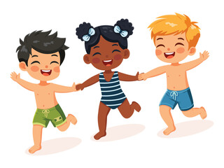 Fototapeta premium Happy children of different nationalities running holding hands in bathing suits on white background. Poster, Banner, Flyer, Summer time. Vector illustration in flat cartoon style