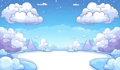 Winter wonderland landscape.  Clouds, mountains, and a snowy plain under a starry night sky