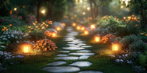 Naklejka premium Night Garden Pathway Illuminated by Warm Lamps in Serene Outdoor Setting