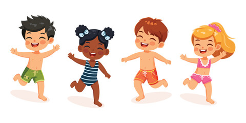Set of cute and happy children of different nationalities running on the beach in bathing suits on white background. Poster, Banner, Flyer, Summer time. Vector illustration in flat cartoon style