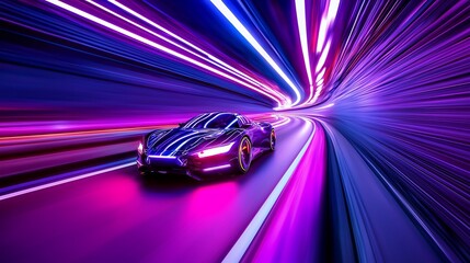 Futuristic vehicle speeding through neon lit tunnel sleek design and glowing lights cinematic sci fi speed