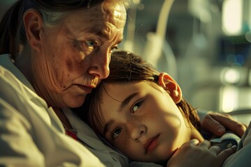 Concerned doctor comforts a young patient in a hospital setting with empathy.