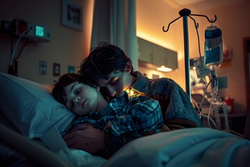 A caring figure comforts a child resting in a hospital bed at nighttime.