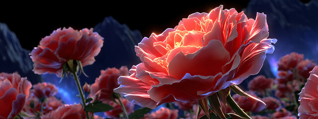 Red rose in focus, its wavy petals reflecting light charmingly against a dark background.