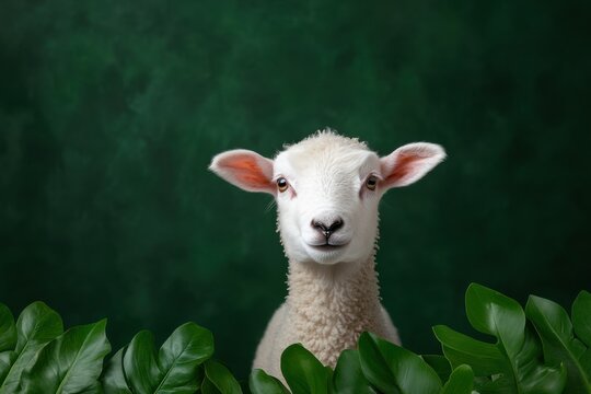 Cute lamb with fluffy white fur and curious expression set against a green backdrop surrounded by lush leaves