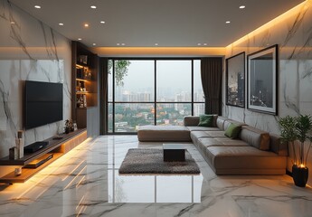 Modern apartment living room, city view, evening