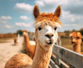 Obraz premium Cute alpaca on a ranch on a summer day. Domestic alpacas graze in a pasture