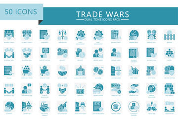 Trade wars dual tone icons set. Contain agreement, embargo, export, rate, tax, crisis, deal, resolution, boycott, commerce and more. Vector for finance, economy UI, UX kit, web and app development