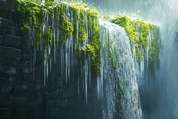 Frozen waterfall cascading down mossy rocks, icicles hang from the cliff face, a serene winter scene.