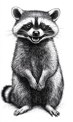 Obraz premium An adorable raccoon with its distinctive black mask happily poses with a cheerful and friendly expression.