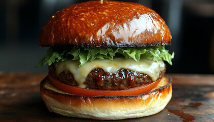 Closeup of Juicy Cheeseburger with Lettuce and Tomato on Toasted Bun
