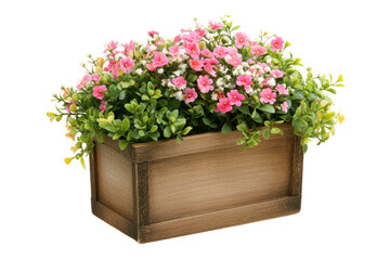Wooden planter box filled with vibrant pink and white flowers