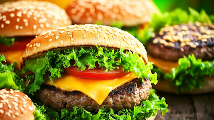 Closeup of Juicy Cheeseburgers with Sesame Seed Buns