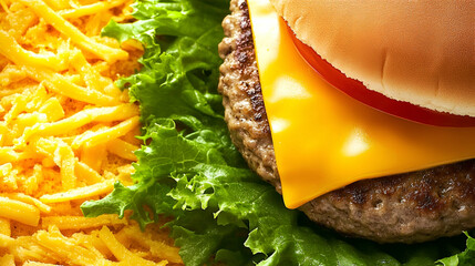 Closeup of Juicy Cheeseburger with Shredded Cheese and Lettuce