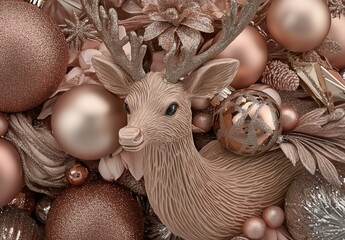 Festive, muted rose gold Christmas decorations. A deer figurine sits amid a cluster of round ornaments, floral accents, and pine cones, all in a similar muted rose gold tone