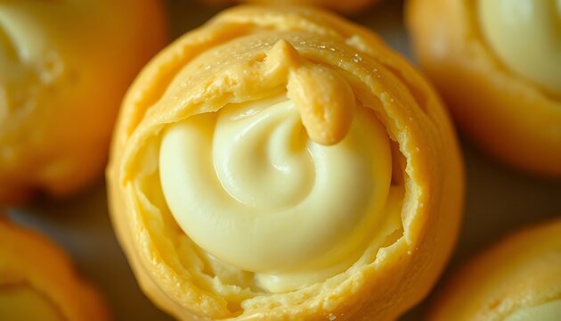 close up of a pastry with cream on it