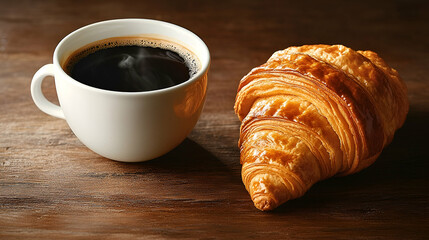 Coffee and Croissant on Wooden Table
