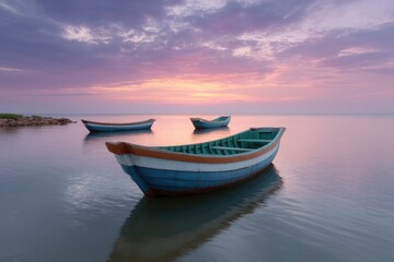 Naklejka premium Serene Sunset: Three Boats at Dusk in a Tranquil Seascape