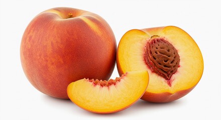 A whole peach, a halved peach with a pit, and a slice on a white background surface studio shot