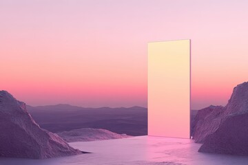 A serene, minimalist scene with a glowing rectangle portal.
