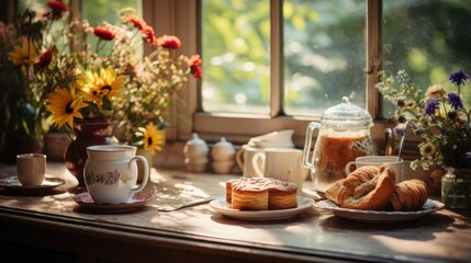 "Cozy window sill view of country breakfast spread"
