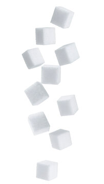 Multiple sugar cubes falling with realistic texture and natural lighting, isolated on transparent background