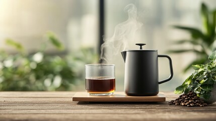 A cozy scene of freshly brewed coffee in a glass cup, with steam rising from it, accompanied by a French press and coffee beans, perfect for morning rituals or relaxation.