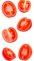 Multiple tomato halves suspended mid air with realistic texture and natural lighting, isolated on transparent background