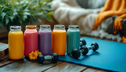 Colorful Smoothies with Dumbbells and Yoga Mat on Wooden Background