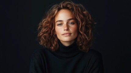 This portrait showcases a young woman with curly hair and a natural smile, reflecting confidence and beauty against a dark backdrop that enhances her features and aura.
