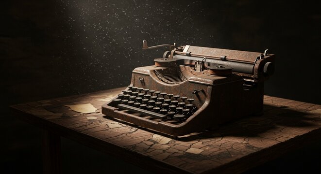 Rusty typewriter on a cracked wooden table, dramatic side lighting emphasizing textures, dust particles floating in the air, dark and blurred background