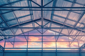 Industrial metal roof structure with a vibrant sunset view.