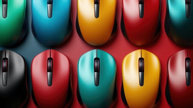 An array of colorful gaming mice elegantly arranged, showcasing a spectrum of vibrant hues and sleek designs, embodying modern technology and playful aesthetics for gamers.