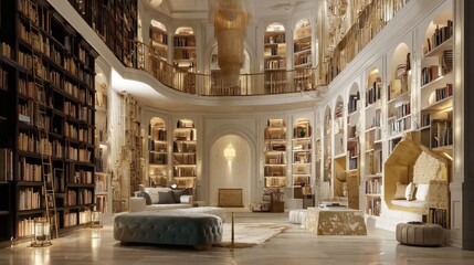 Luxury reading library with multi-level book nooks  
