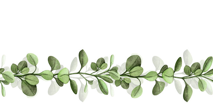 Bright green floral seamless border with twig and leaves. Hand-painted watercolor bordure with template - banner with botanical arrangement Perfect for seasonal decor, greenery themes, wedding, Easter