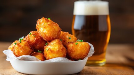 A tempting plate of crispy fried food paired with a pint of beer sets the stage for a lively pub gathering, representing indulgence and comfort in casual dining experiences.