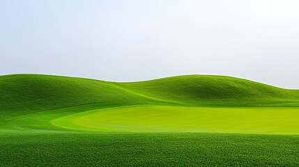 A green hillside with a golf course. The grass is lush and green. The hill is covered in grass and has a golf course on it