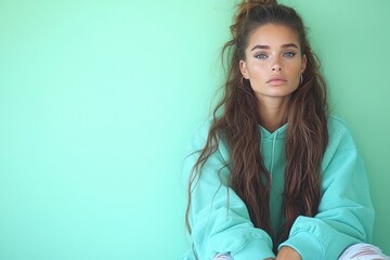 Portrait of a young woman with long hair in a mint green hoodie against a bright pastel background