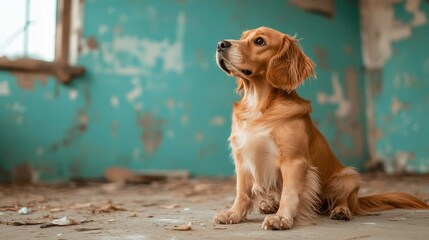 A golden retriever mix sits attentively amidst peeling paint and rubble in an abandoned space, contrasting its joyful demeanor with a melancholic environment and background.