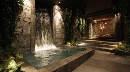 Fototapeta premium Luxury spa retreat with waterfall feature and steam room 