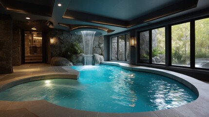 Obraz premium Luxury spa retreat with waterfall feature and steam room 