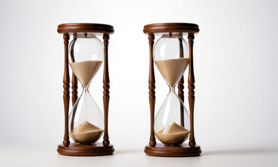 Two hourglasses sit on a table, used for measuring time or as decorative pieces