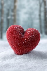 Fototapeta premium Fuzzy Red Heart in Snowy Winter Wonderland