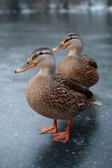 Fototapeta premium Two Ducks on Icy Surface: A Serene Winter Scene